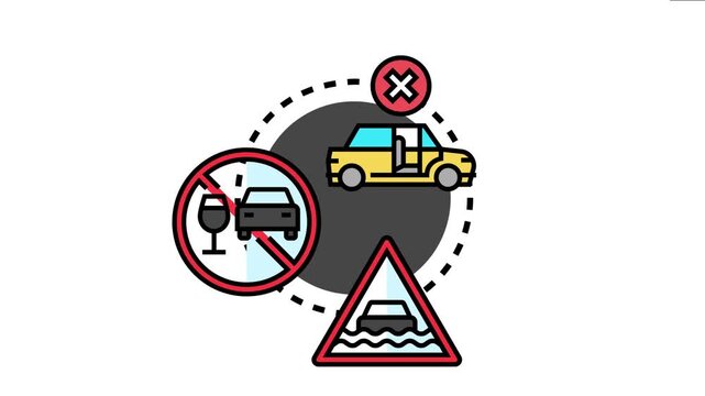 Automobile travel restrictions and road safety signs dangerous situations like driving under influence, flooded roads, and unnecessary journeys to prevent accidents