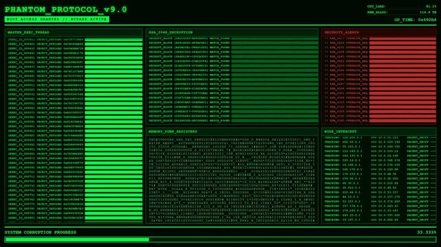 Root Access Granted Hacker Terminal Screen Animation With RSA Decryption And Security Alerts.
