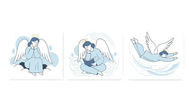 Delicate blue illustrations depict three different angel figures floating on clouds, reading a book, and flying gracefully.