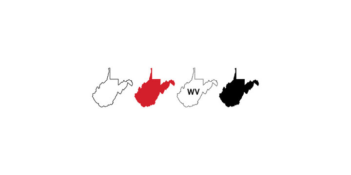 West Virginia state map outline and silhouette icons in black and red for regional geography design.