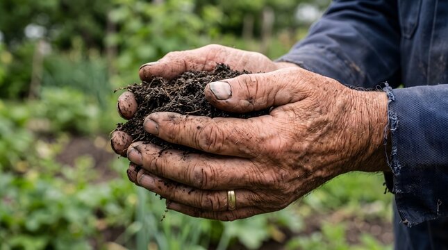 Senior farmer holding a handful of fertile soil in an outdoor garden