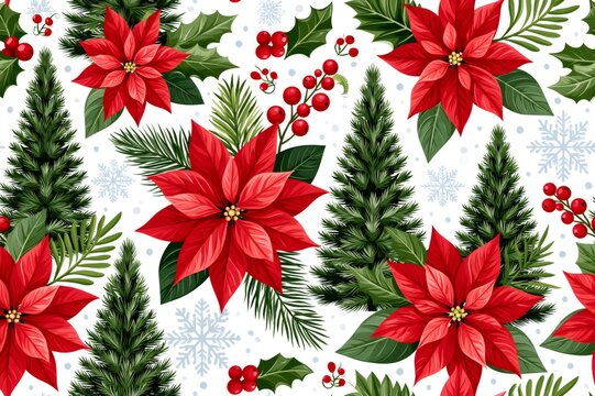 Christmas holiday seamless pattern with poinsettia and fir tree