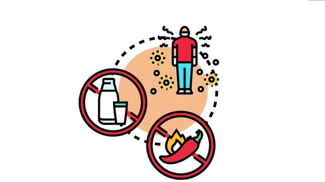 Person wearing a mask surrounded by pathogen particles, avoiding specific food and drinks causing allergic reactions or health issues, protective health measures
