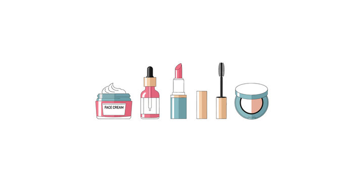Cosmetic product set featuring makeup and skincare items for beauty branding projects.