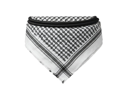 Traditional arab keffiyeh with black cord, patterned fabric, and fringed edges isolated white background