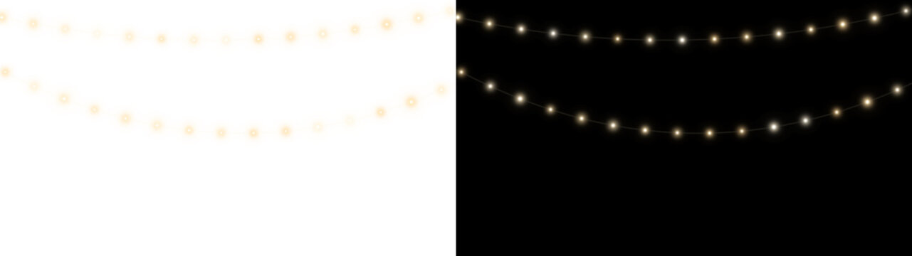 Outdoor festoon string lights, glowing warm white golden bulbs hanging on wire, party garland lighting on transparent background