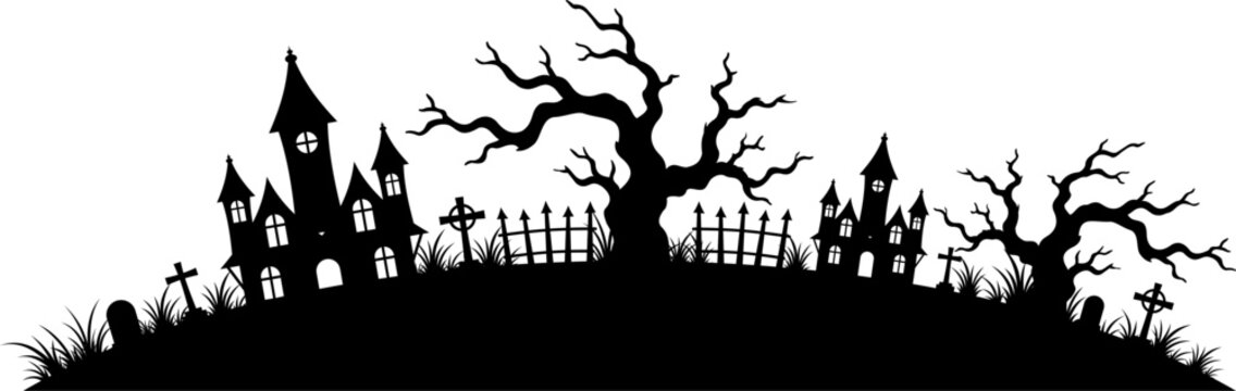 Spooky Halloween Graveyard Scene with Twisted Trees, Graves, Crosses and Haunted Houses Vector