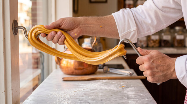 Professional confectioner stretching golden taffy on a traditional wall hook in a kitchen