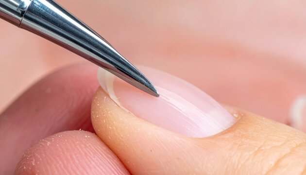 Meticulous nail care with a specialized tool gently pushing cuticles on a healthy natural fingernail. Professional manicure showing precise grooming and hygiene