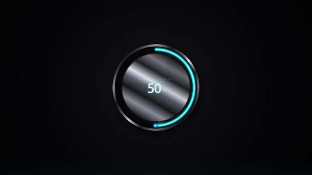 Futuristic circular progress bar loading interface element with glowing blue indicator and metallic texture design showing twenty percent