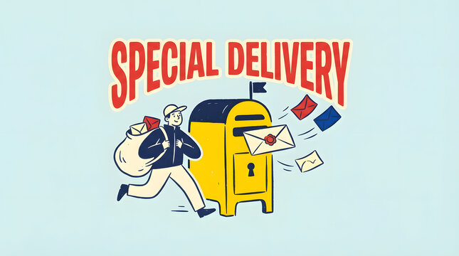 Mailman delivering letters to yellow mailbox, special delivery theme.