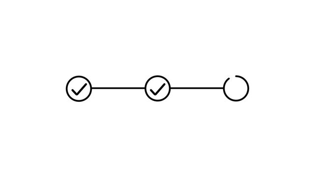 3 step process with check mark icon animation. Step-by-step process icon with check mark animation black background with alpha.