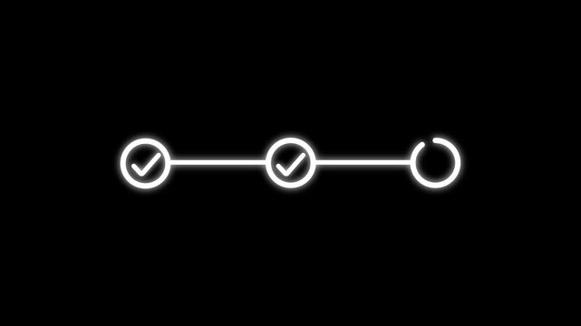 3 step process with check mark icon animation. Step-by-step process icon with check mark animation black background with alpha.