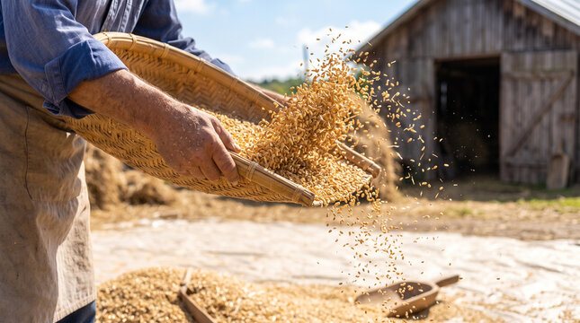 Farmer winnowing wheat grain with basket outdoors for traditional harvest processing