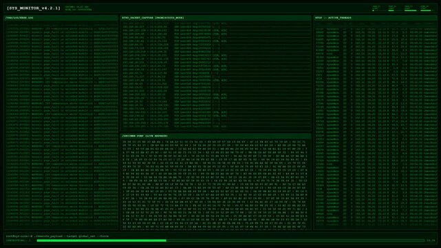 System Monitor Hacker Terminal Screen Animation With Network Packet Capture And Process Monitor.