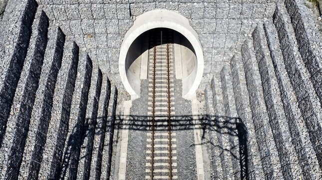 Railway tunnel entrance carved into a rocky mountain side with reinforced walls entrance mountain mountainside reinforced infrastructure