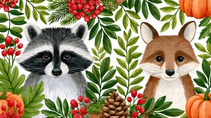 Naklejka premium Woodland animals raccoon and fox in autumn watercolor foliage