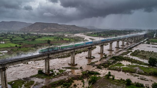 A passenger train crossing a long concrete bridge over a muddy river during a heavy rainstorm with transportation passenger locomotive landscape