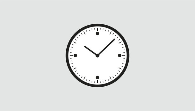 Simple minimalist design of an analog wall clock with small ticks and dot hour markers on a grey background.