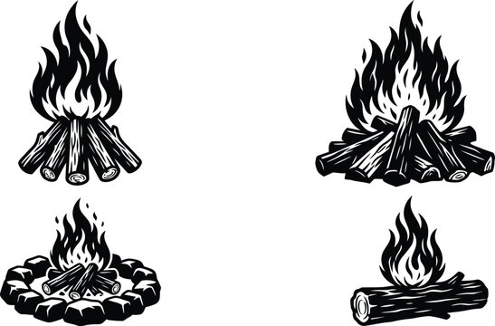 Black campfire wood log flames set camping adventure vector