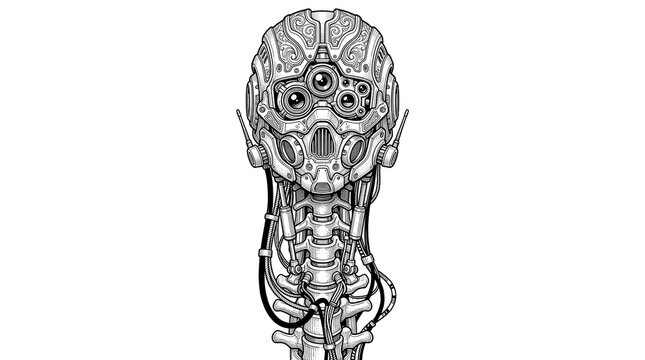 Detailed mechanical robot head illustration with complex cybernetic circuitry and wires