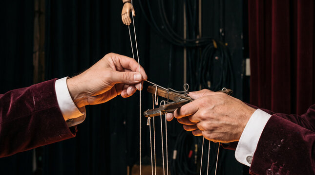 Puppeteer hands manipulating a wooden marionette with control strings on a dark stage