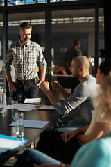 Meeting, team and speaker with business man for growth strategist, profit and brainstorming. Sales...