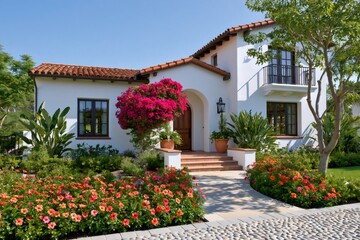 Fototapeta premium Spanish Colonial revival luxury home with bougainvillea and garden