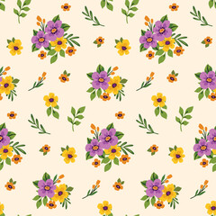 Naklejka premium Seamless floral pattern, hand drawn ditsy print in vintage rustic motif. Cute botanical design of simple bouquets, small flowers, tiny leaves abstractly on light yellow background. Vector illustration