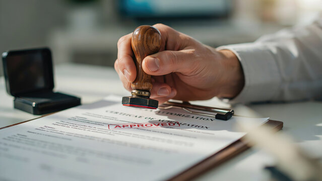 Professional hand pressing approved rubber stamp onto official authorization certificate document paperwork with pressing wooden, close hand, bureaucracy