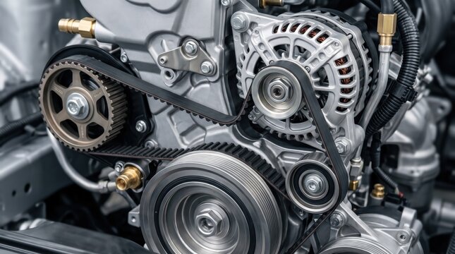 Close up detail of modern car engine internal components showing serpentine belt system, alternator, pulleys and gears, automotive repair and maintenance, mechanical engineering