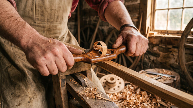 Wheelwright shaping a wooden spoke with a drawknife in a traditional carpentry workshop.