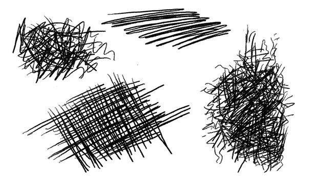 Scribble Patterns: A collection of five distinct ink scribble and cross-hatch patterns, presented on a clean surface, offering diverse textures for artistic application.