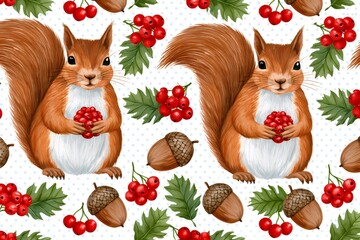 Fototapeta premium Squirrels holding red berries autumn seamless pattern