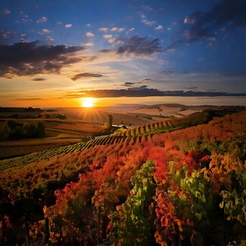 Stunning autumn sunset over rolling vineyard hills in France.
