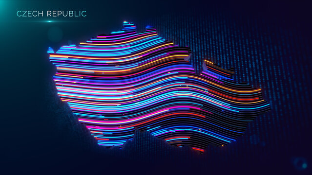 High-tech 3D map of Czech Republic features glowing colorful lines and dark grid background, completed with clear country text branding in top corner.