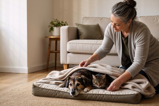 Elderly woman tucking blanket over dog and cat on pet bed