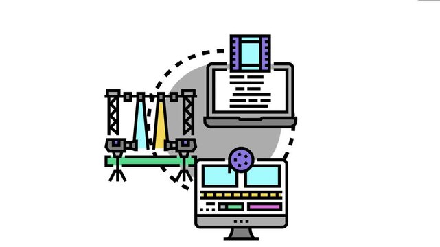 Diverse elements of a complete scene setting workflow. Including script development. Stage lighting with cameras. And digital video editing software on a monitor
