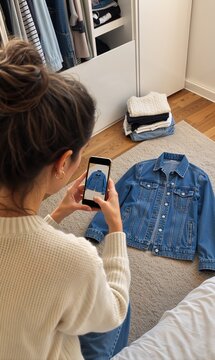 Woman photographing denim jacket for online resale