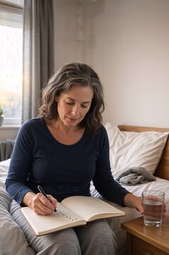 Middle-aged woman journaling symptoms in bedroom with glass of water
