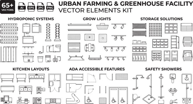 Urban farming and greenhouse facility vector elements kit, 65+ hydroponic system icons, architectural floor plan symbols