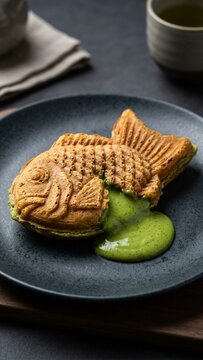 Matcha taiyaki fish shaped cake with green tea cream filling oozing on black plate