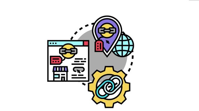 Digital marketing concept for backlink building, showing various icons like a location pin, globe, website browser, and gear representing online visibility and ranking strategy