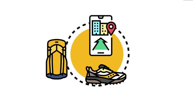 Backpacking journey involving digital smartphone navigation, locating destinations for city and nature exploration, and preparing with essential travel gear for an active independent trip