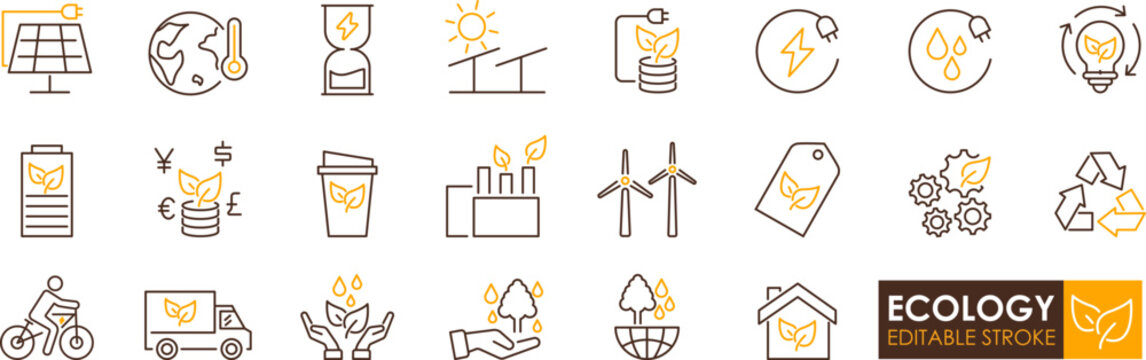 Ecology icons set with renewable energy, sustainable resources, green technology, and environmental protection concepts in simple line style