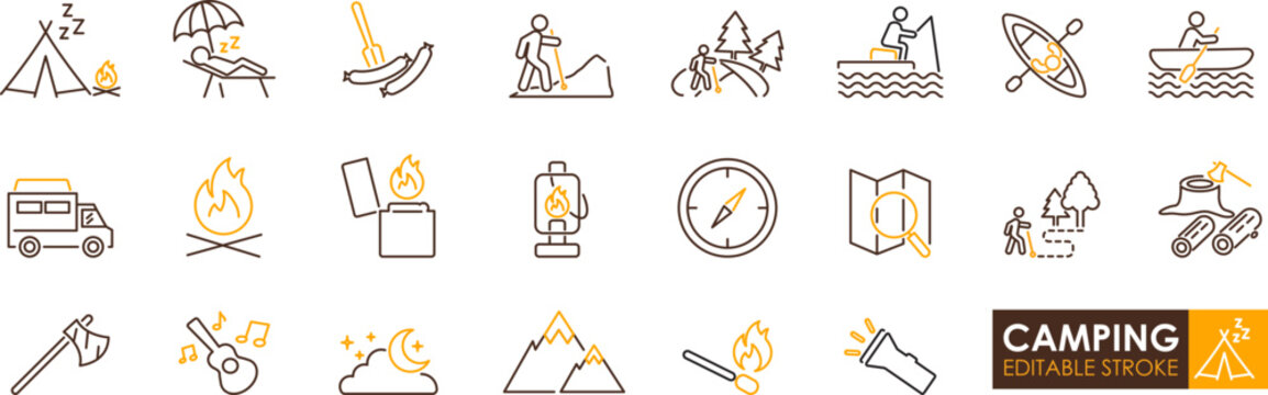 Camping icons set, simple line