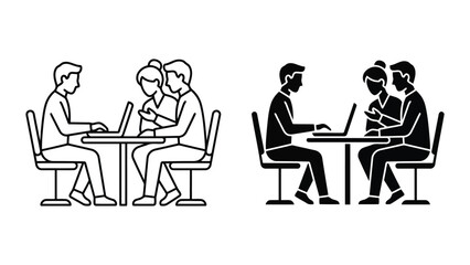 Fototapeta premium Business people working together on laptops at office desk flat line icon set