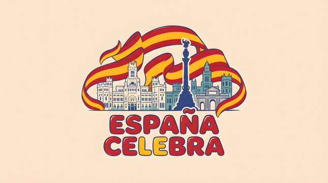 Espa&ntilde;a celebra design featuring cityscape and Spanish flags for festive national event.