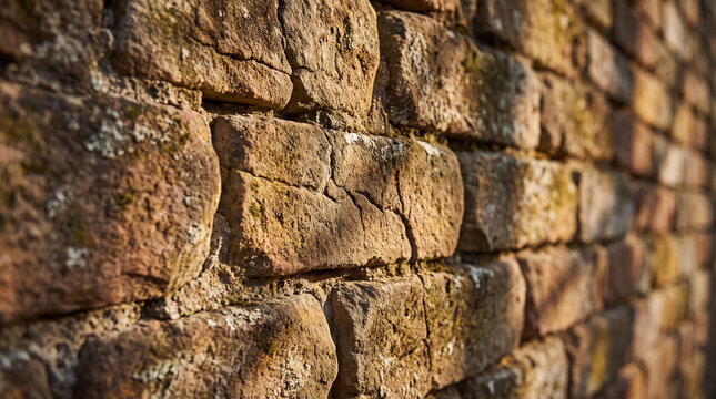 A close-up view of an aged rustic brick wall, showcasing the warm textures and natural elements that tell a story of history and enduring aesthetics.