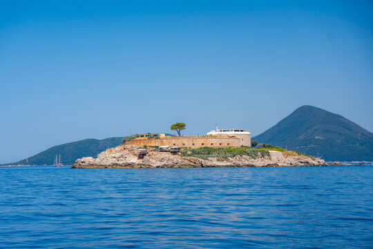 Historic Mamula Fortress on Lastavica Island in Montenegro in the Adriatic Sea. Coastal military architecture guarding the entrance to the Bay of Kotor.